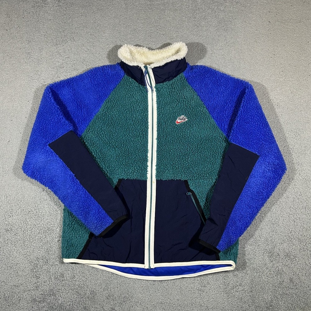 Nike Sportswear Mens Large Sherpa Fleece Colorblock Jacket BV3720-381 Green Blue